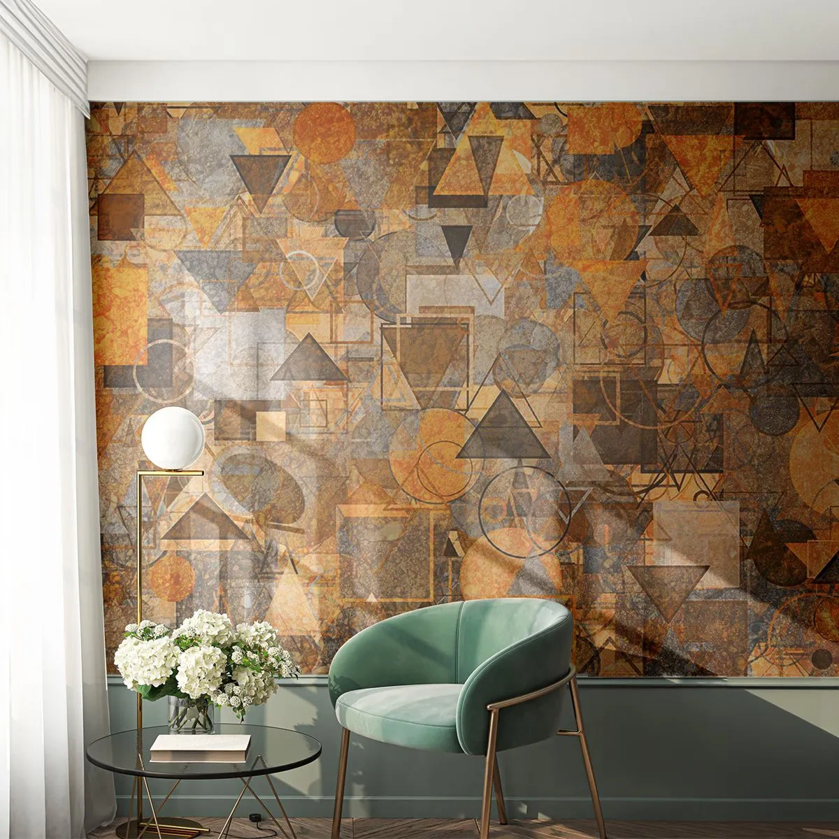 Fototapete Premium Sand - Goldbraune geometrische Abstraktion mit Dreiecken - 100x70cm - Die Welt in Form - Moderne Wanddekoration für Wohnzimmer und Schlafzimmer ARTTOR