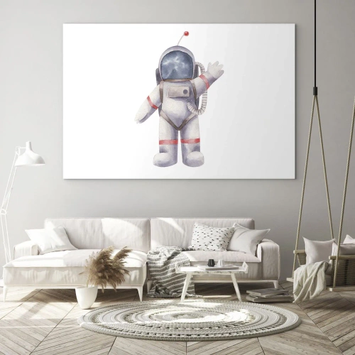 Glasbild - Bild auf glas - Astronaut winkt im Weltraum - 120x80cm - Bis dann! - Moderne Wanddekoration für Wohnzimmer und Schlafzimmer ARTTOR