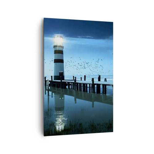 Bild auf Leinwand - Leinwandbild - Der Leuchtturm am Pier beleuchtet in der Nacht - 80x120cm - Und du hast keine Angst vor der Dunkelheit - Moderne Wanddekoration für Wohnzimmer und Schlafzimmer ARTTOR