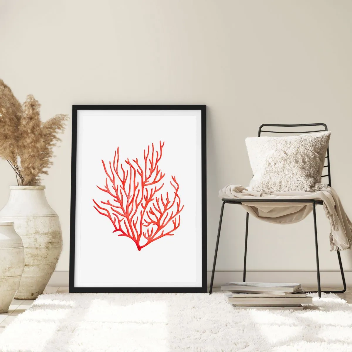 Poster in einem schwarzem Rahmen - Rote Koralle auf weißem Hintergrund im minimalistischen Stil - 50x70cm - Korallenfiligran - Moderne Wanddekoration für Wohnzimmer und Schlafzimmer ARTTOR