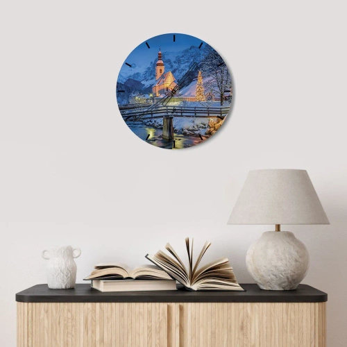 Wanduhr - Glasuhr - Kirche in winterlicher Umgebung mit Weihnachtsbaum - 30x30cm - Weihnachtsgeist - Moderne Wanddekoration für Wohnzimmer, Küche und Schlafzimmer ARTTOR
