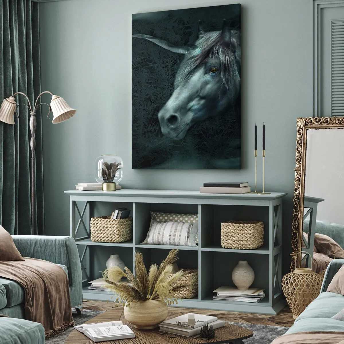 Bild auf Leinwand - Leinwandbild - Ein magisches Einhorn in einem geheimnisvollen, dunklen Wald mit Fantasiefarben. - 50x70cm - In einem Märchenwald - Moderne Wanddekoration für Wohnzimmer und Schlafzimmer ARTTOR