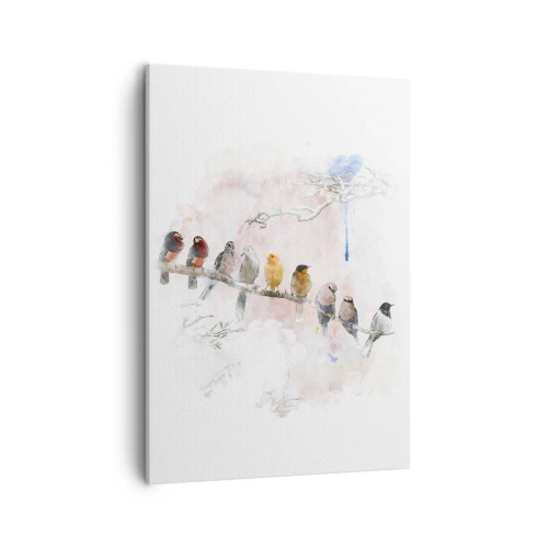Bild auf Leinwand - Leinwandbild - Bunte Vögel auf einem Ast im Aquarellstil - 50x70cm - Geflügeltes Treffen - Moderne Wanddekoration für Wohnzimmer und Schlafzimmer ARTTOR