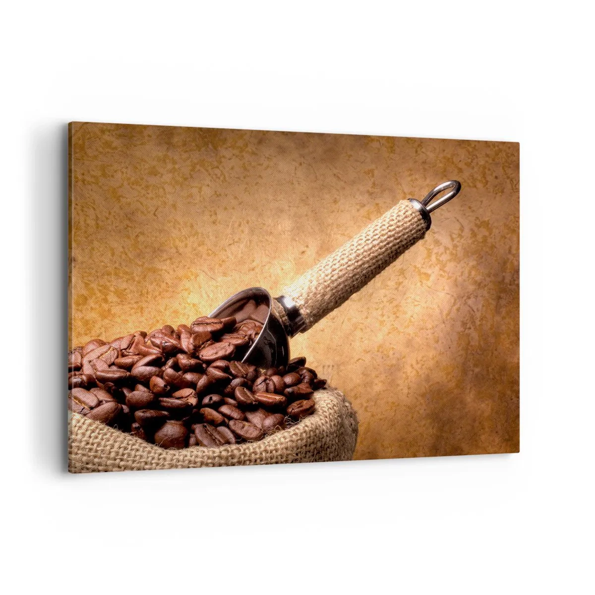 Bild auf Leinwand - Leinwandbild - Kaffeebohnen in einem Jutebeutel mit einem Metalllöffel - 100x70cm - An der Quelle des Geschmacks - Moderne Wanddekoration für Wohnzimmer und Schlafzimmer ARTTOR