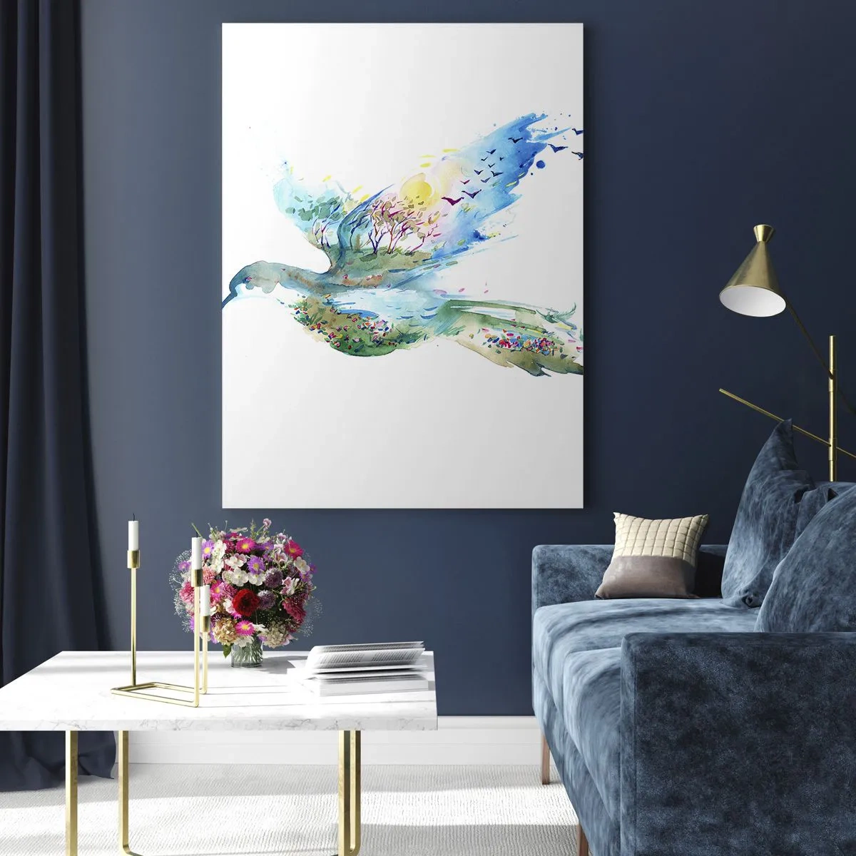 Glasbild - Bild auf glas - Aquarell-Silhouette eines Vogels mit einer Landschaft im Hintergrund - 50x70cm - Auf den Flügeln der Natur - Moderne Wanddekoration für Wohnzimmer und Schlafzimmer ARTTOR