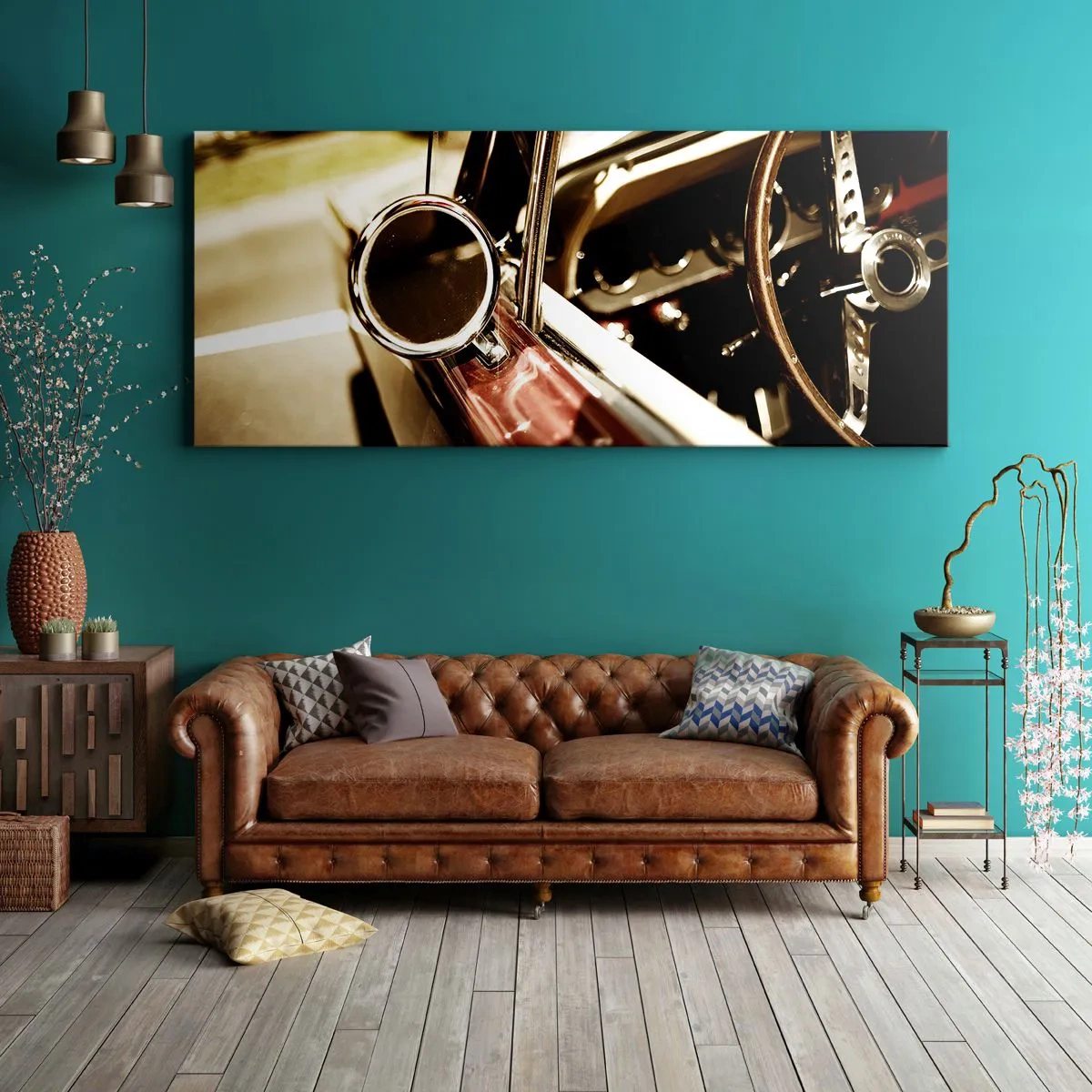 Bild auf Leinwand - Leinwandbild - Nahaufnahme des Spiegels und des Innenraums eines klassischen Retro-Autos - 120x50cm - Ein Auto mit Seele - Moderne Wanddekoration für Wohnzimmer und Schlafzimmer ARTTOR