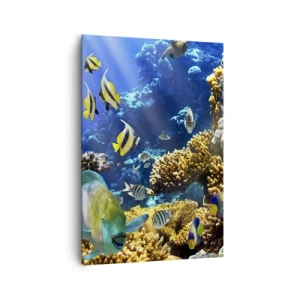 Bild auf Leinwand - Leinwandbild - Ein farbenfrohes Korallenriff mit tropischen Fischen in den Tiefen des Ozeans. - 70x100cm - Viel Verkehr auf dem Ferienweg - Moderne Wanddekoration für Wohnzimmer und Schlafzimmer ARTTOR