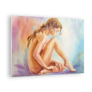 Glasbild - Bild auf glas - Eine Frau in subtiler Reflexion vor einem Hintergrund in Pastellfarben - 70x50cm - Akt der Jugend - Moderne Wanddekoration für Wohnzimmer und Schlafzimmer ARTTOR