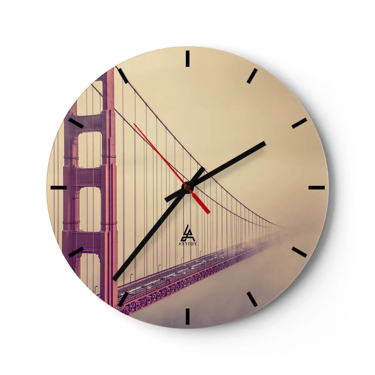 Wanduhr - Glasuhr - Die Golden Gate Bridge im nebligen Hintergrund - 30x30cm - Zwischen Himmel und Erde - Moderne Wanddekoration für Wohnzimmer, Küche und Schlafzimmer ARTTOR