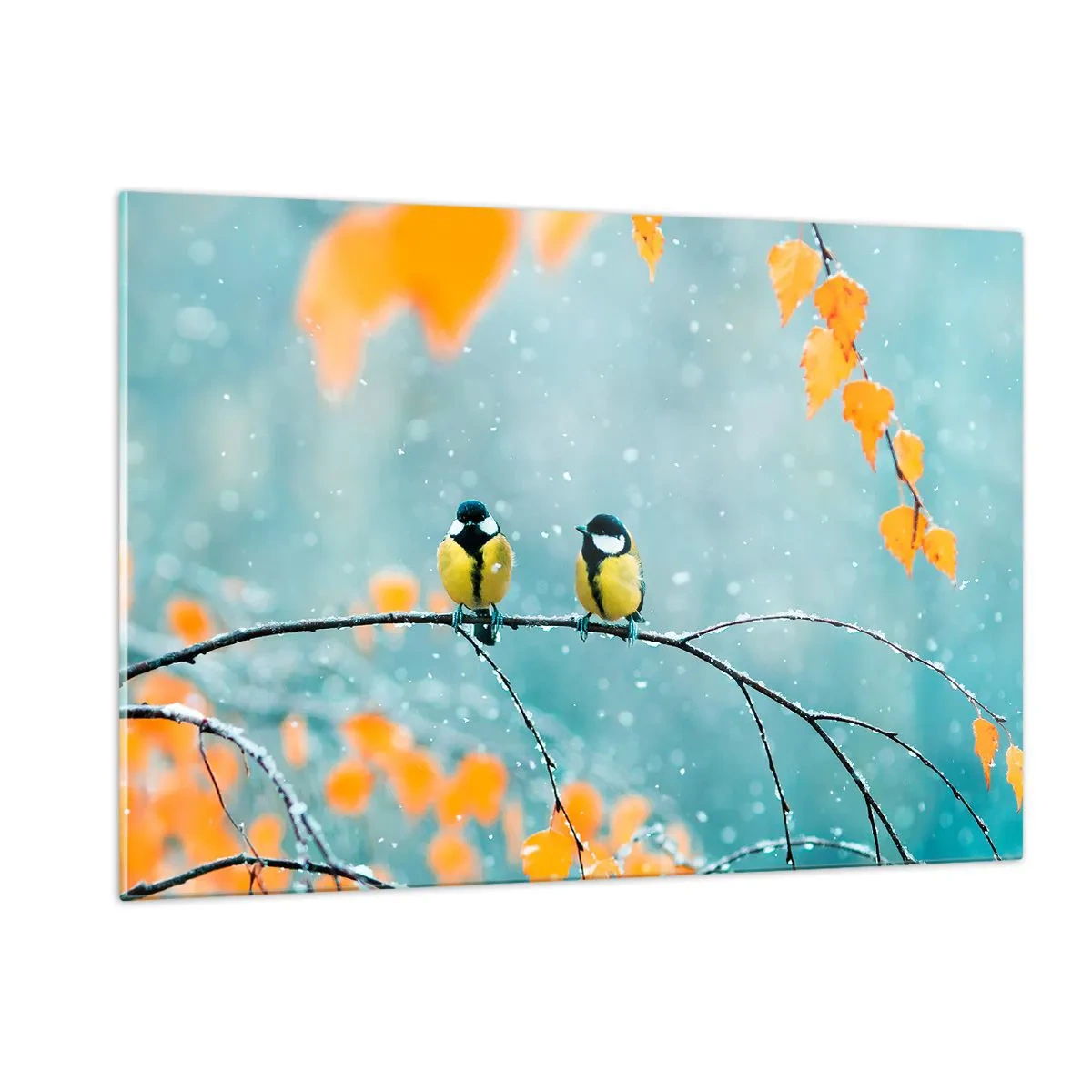 Glasbild - Bild auf glas - Zwei Meisen sitzen auf einem Zweig zwischen fallenden Blättern - 120x80cm - Vogelklatsch - Moderne Wanddekoration für Wohnzimmer und Schlafzimmer ARTTOR
