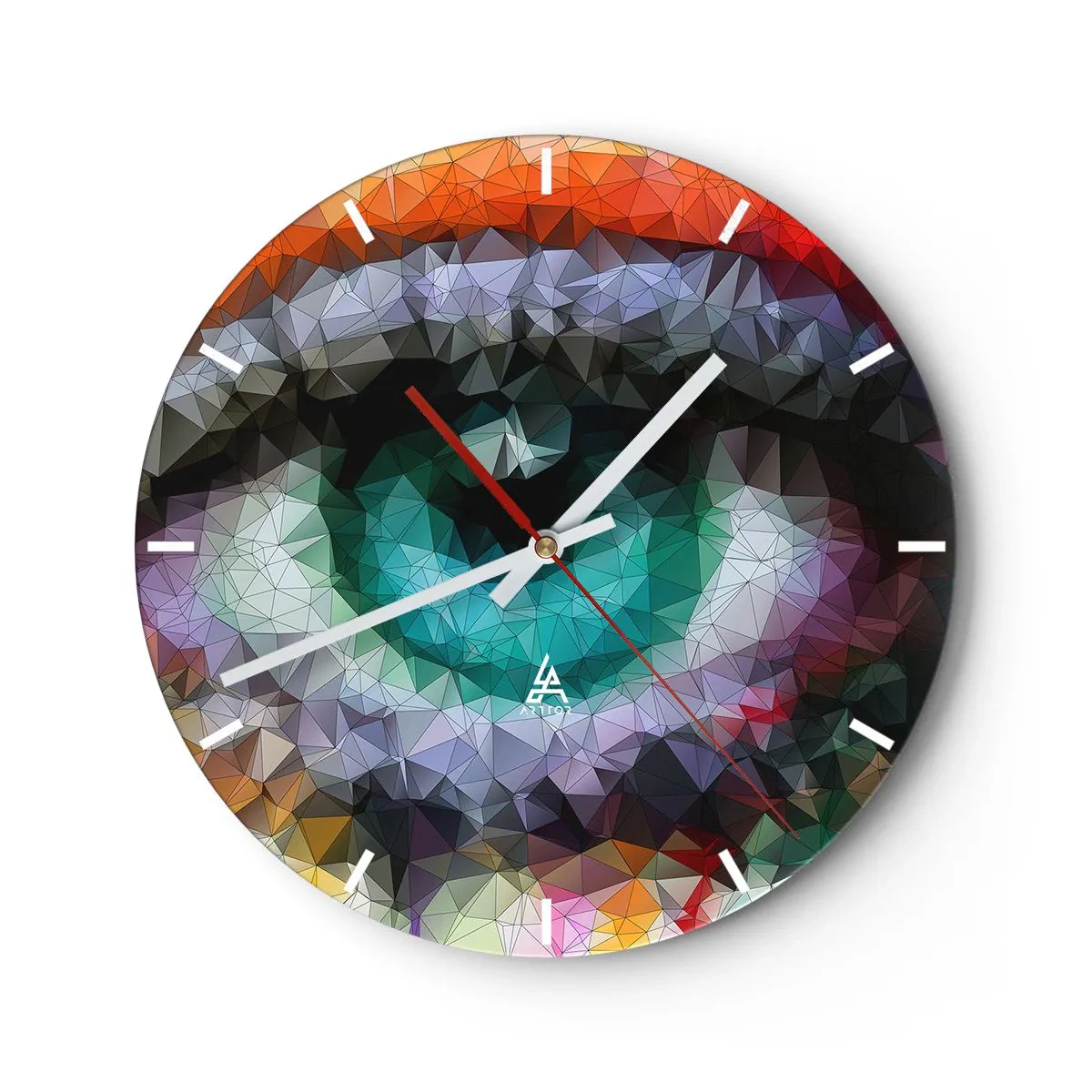 Wanduhr - Glasuhr - Abstrakte Augengrafik in einem mehrfarbigen geometrischen Stil - 30x30cm - Kristallines Leuchten der Augen - Moderne Wanddekoration für Wohnzimmer, Küche und Schlafzimmer ARTTOR