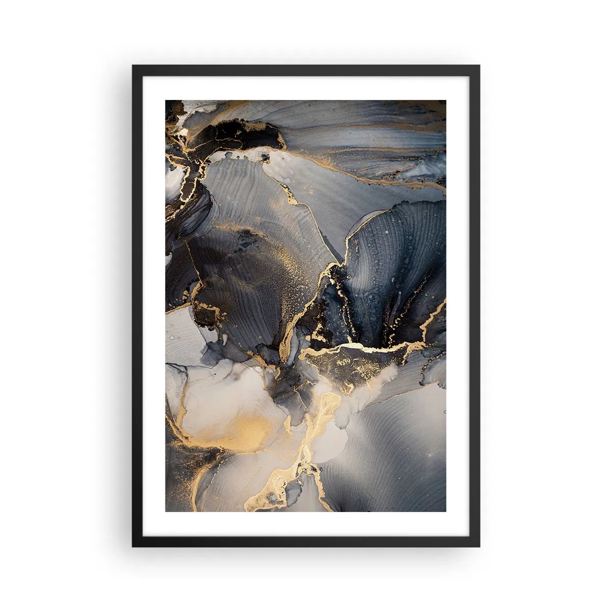Poster in einem schwarzem Rahmen - Eine abstrakte Komposition in dunklen Farbtönen mit goldenen Akzenten. - 50x70cm - Leben aus Stein - Moderne Wanddekoration für Wohnzimmer und Schlafzimmer ARTTOR