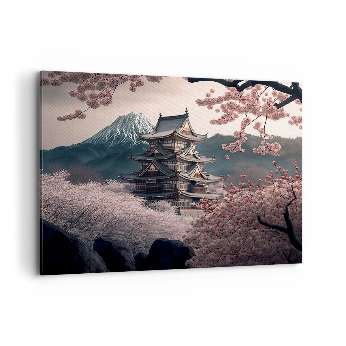 Bild auf Leinwand - Leinwandbild - Ein japanischer Tempel, umgeben von Kirschblüten und Bergen - 100x70cm - Land der Kirschblüten - Moderne Wanddekoration für Wohnzimmer und Schlafzimmer ARTTOR
