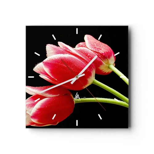 Wanduhr - Glasuhr - Rote Tulpen mit Tautropfen auf schwarzem Hintergrund - 30x30cm - Ein Versprechen der reinen Liebe - Moderne Wanddekoration für Wohnzimmer und Schlafzimmer ARTTOR