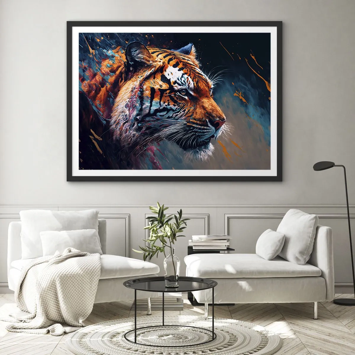 Poster in einem schwarzem Rahmen - Portrait eines Tigers in dynamischen, abstrakten Farben - 70x50cm - Wilde Schönheit - Moderne Wanddekoration für Wohnzimmer und Schlafzimmer ARTTOR