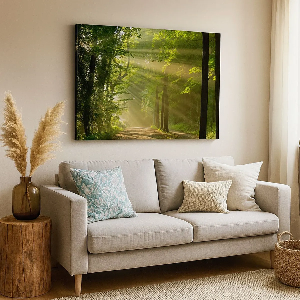 Bild auf Leinwand - Leinwandbild - Waldweg mit Sonnenstrahlen, die durch die Bäume scheinen - 70x50cm - Waldmoment - Moderne Wanddekoration für Wohnzimmer und Schlafzimmer ARTTOR