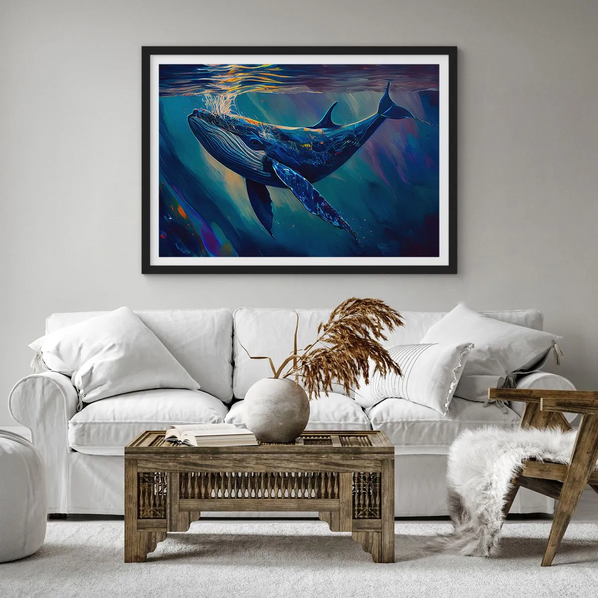 Poster in einem schwarzem Rahmen - Ein Wal in den Tiefen des Ozeans in leuchtenden Farben - 70x50cm - Willkommen in meiner Welt - Moderne Wanddekoration für Wohnzimmer und Schlafzimmer ARTTOR