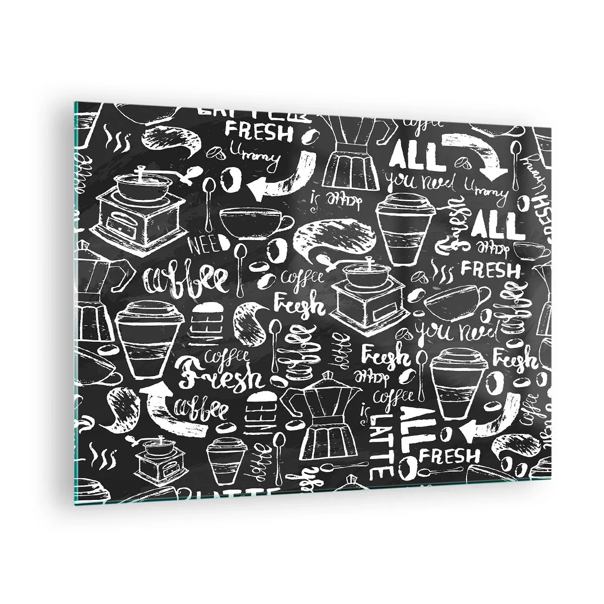 Glasbild - Bild auf glas - Kaffeegrafiken und Schriftzüge auf schwarzem Hintergrund im Retro-Stil - 70x50cm - Alles was Sie brauchen ist… - Moderne Wanddekoration für Wohnzimmer und Schlafzimmer ARTTOR