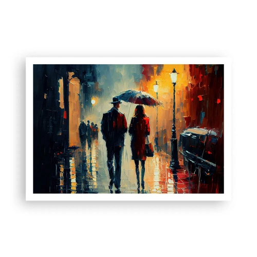 Poster - Nachts im Regen unter einem Regenschirm in der Stadt spazieren gehen - 100x70cm - Urbane Liebesgeschichte - Moderne Wanddekoration für Wohnzimmer und Schlafzimmer ARTTOR