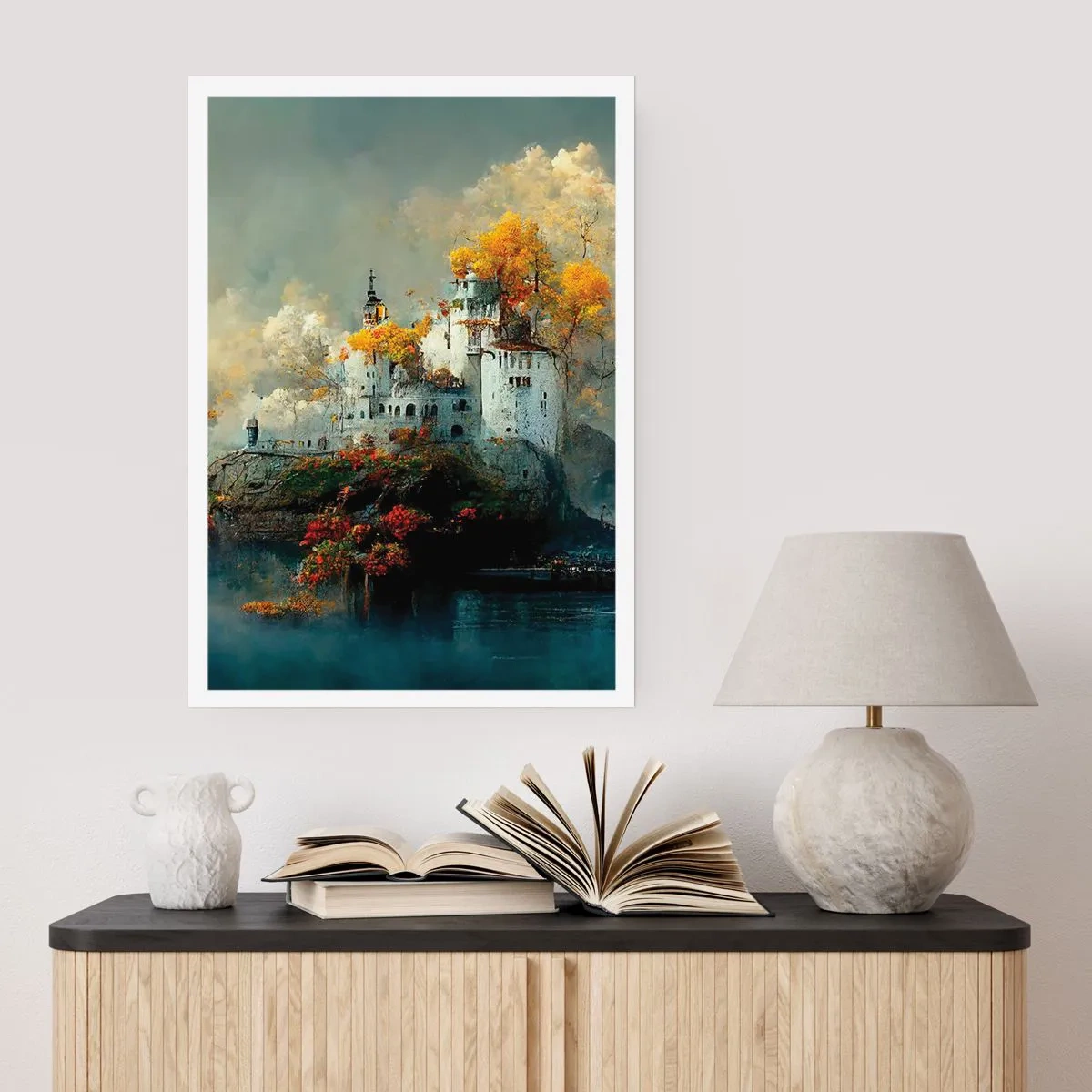 Poster - Eine Burg auf einem Felsen, umgeben von einer herbstlichen Landschaft - 50x70cm - Beginn einer romantischen Geschichte - Moderne Wanddekoration für Wohnzimmer und Schlafzimmer ARTTOR