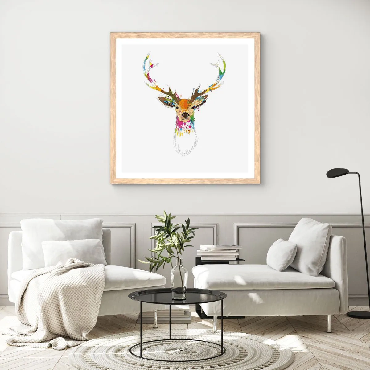 Poster in einem Rahmen aus heller Eiche - Ein mildes Reh in Farbe getaucht - 50x50 cm