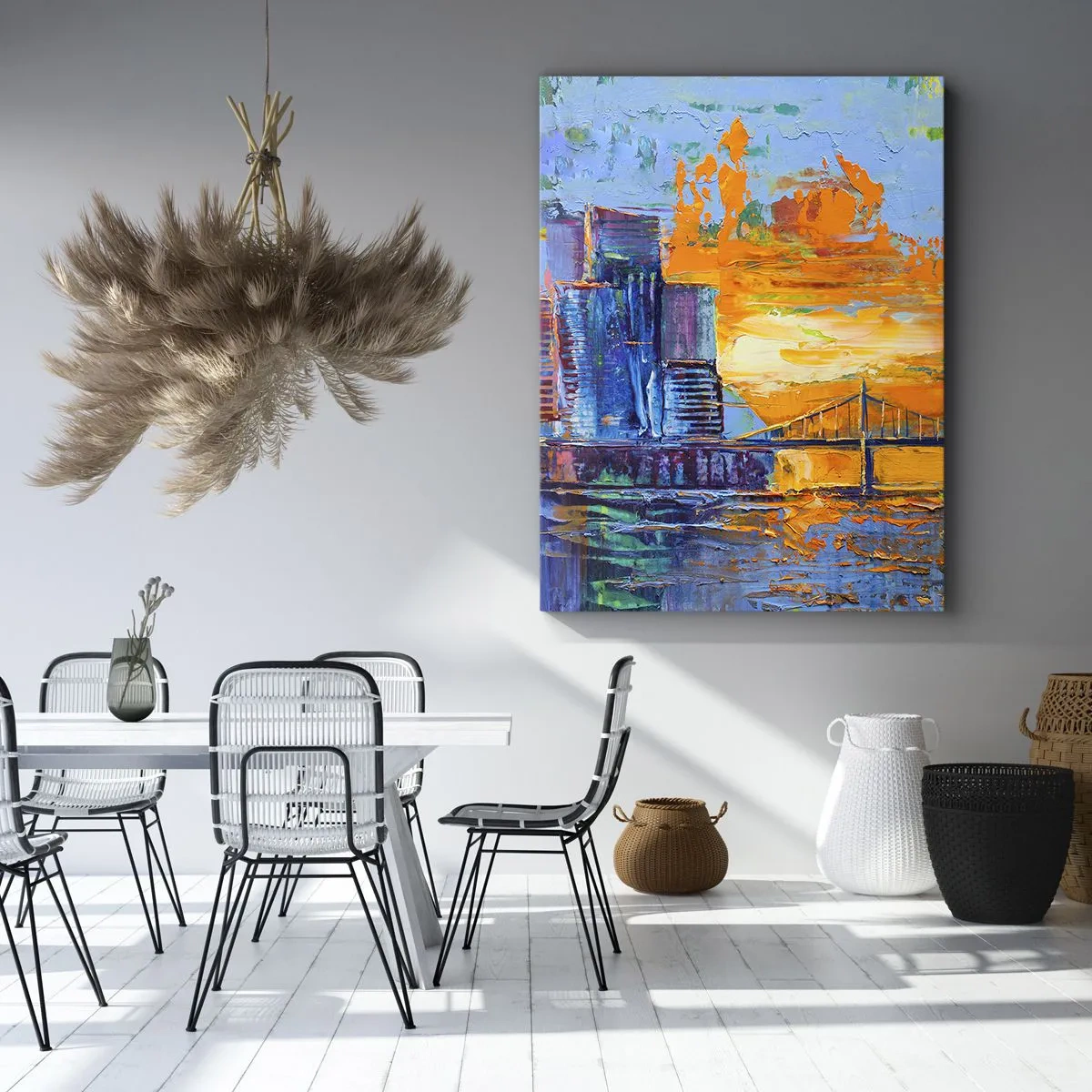 Bild auf Leinwand - Leinwandbild - Eine farbenfrohe Stadt mit einer Brücke in der untergehenden Sonne - 50x70cm - Kultur und Natur - Moderne Wanddekoration für Wohnzimmer und Schlafzimmer ARTTOR