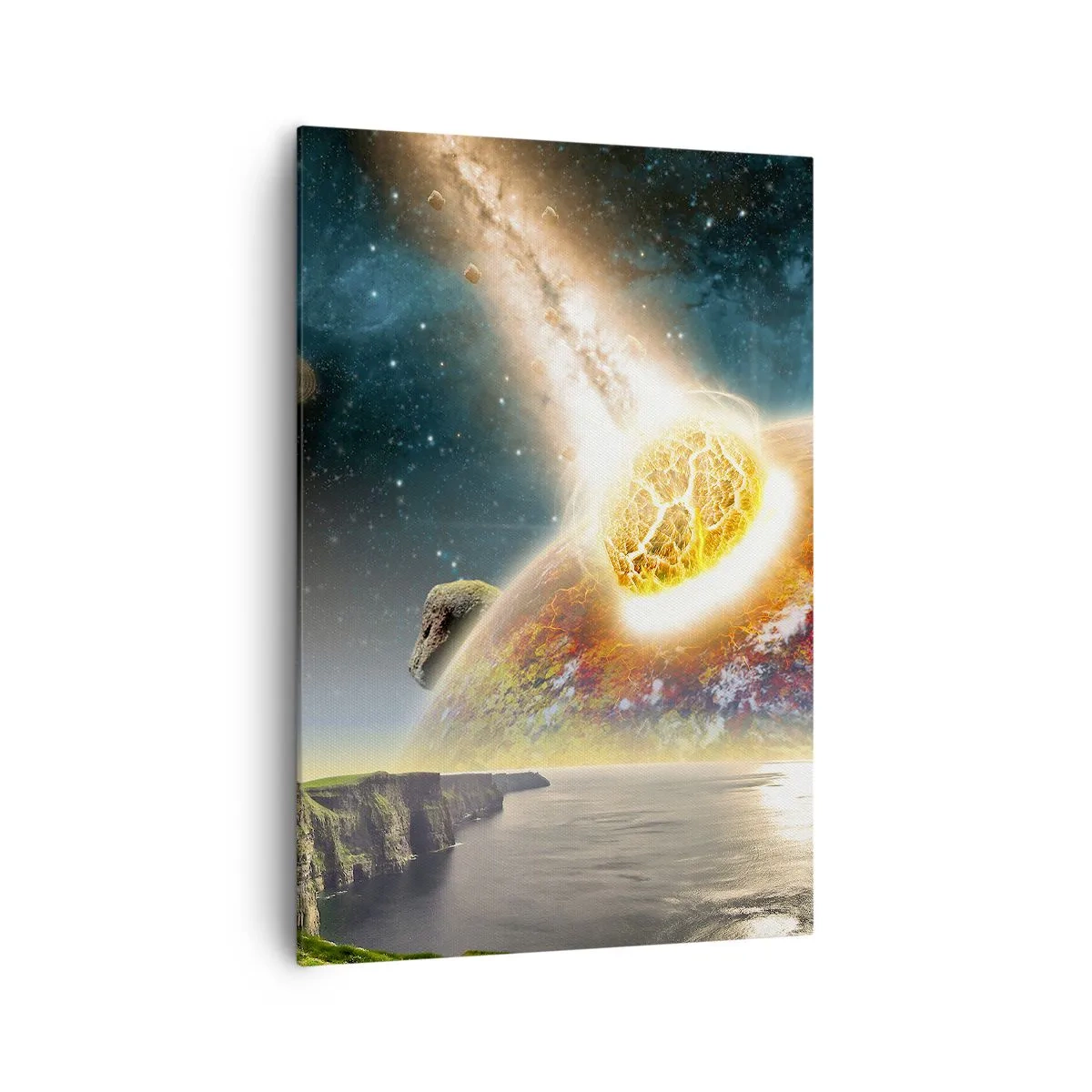 Bild auf Leinwand - Leinwandbild - Ein Meteorit kollidiert mit einem Planeten in einer kosmischen Landschaft. - 70x100cm - Kosmisches Drama - Moderne Wanddekoration für Wohnzimmer und Schlafzimmer ARTTOR
