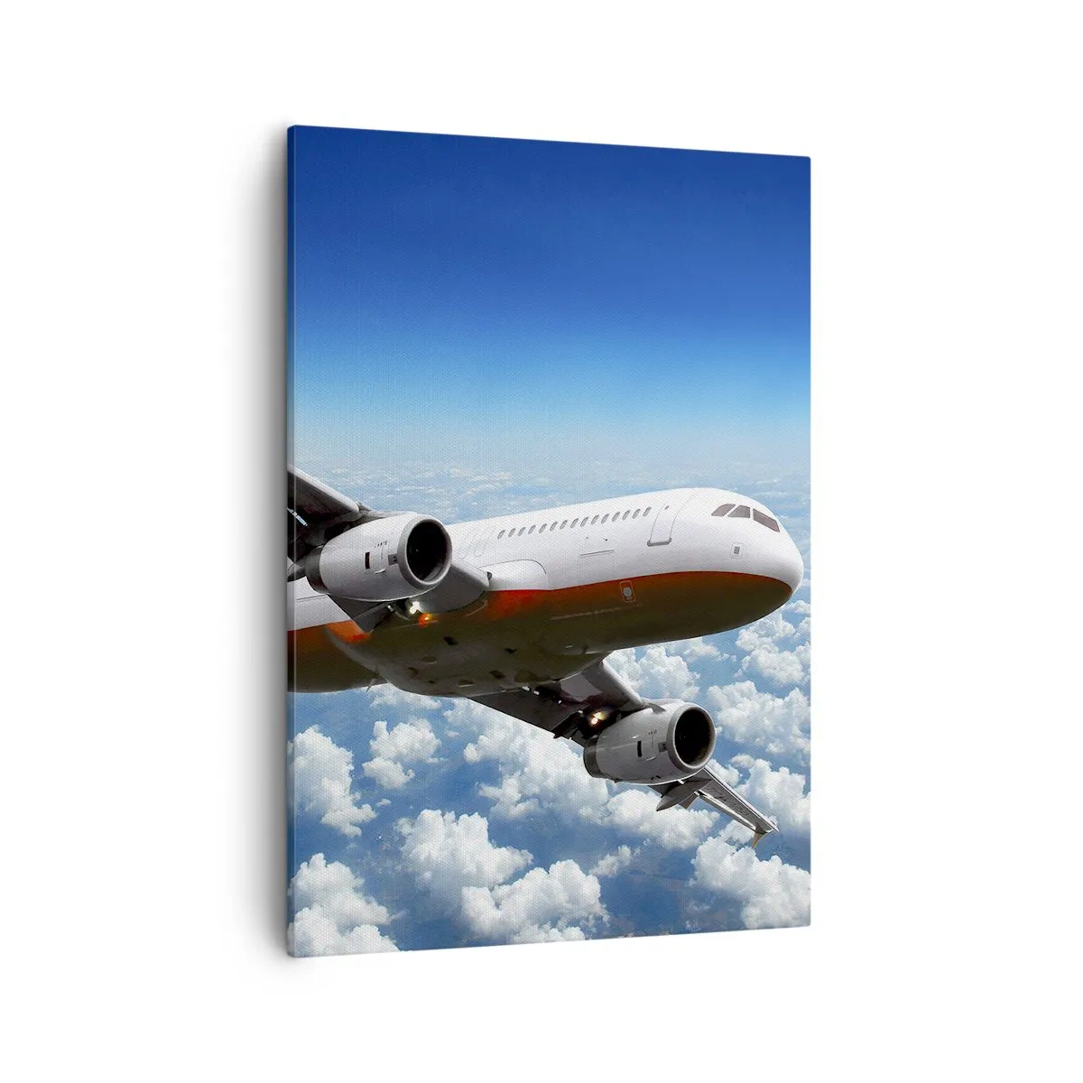 Bild auf Leinwand - Leinwandbild - Ein Passagierflugzeug fliegt über den Wolken vor einem blauen Himmel. - 50x70cm - Entferne dich von allem - Moderne Wanddekoration für Wohnzimmer und Schlafzimmer ARTTOR