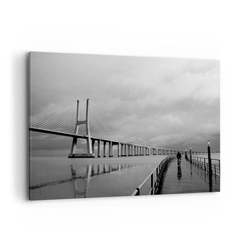 Bild auf Leinwand - Leinwandbild - Eine Hängebrücke über dem Wasser in Schwarz und Weiß - 100x70cm - Jedem das Verdiente - Moderne Wanddekoration für Wohnzimmer und Schlafzimmer ARTTOR