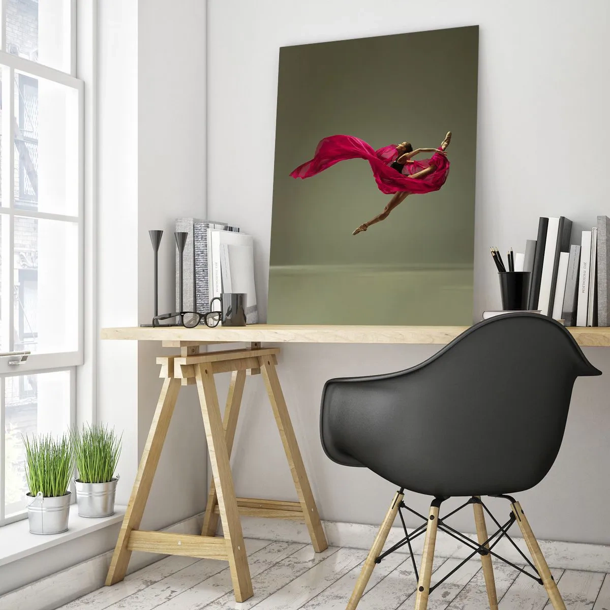 Glasbild - Bild auf glas - Balletttänzerin in dynamischer Pose mit rosa Stoff - 80x120cm - Tanzende Flamme - Moderne Wanddekoration für Wohnzimmer und Schlafzimmer ARTTOR