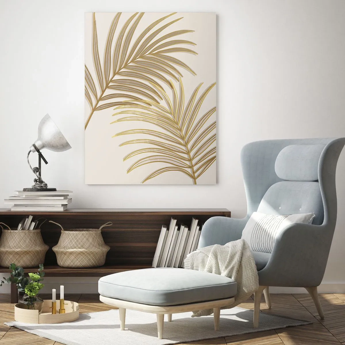 Glasbild - Bild auf glas - Goldene Palmblätter auf hellem Hintergrund im minimalistischen Stil - 80x120cm - Goldene Palme! - Moderne Wanddekoration für Wohnzimmer und Schlafzimmer ARTTOR