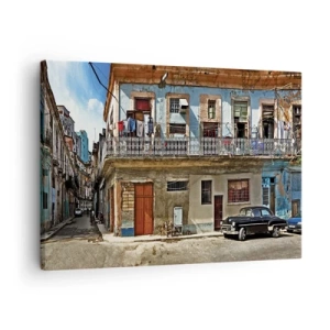 Bild auf Leinwand - Leinwandbild - Bunte Mietshäuser und ein Oldtimer im Stadtbild - 70x50cm - Havanna-Stimmung - Moderne Wanddekoration für Wohnzimmer und Schlafzimmer ARTTOR