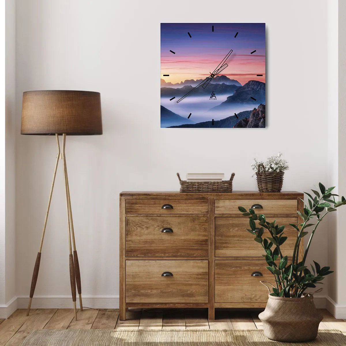 Wanduhr - Glasuhr - Berglandschaft bei Sonnenaufgang mit Nebel in den Tälern - 30x30cm - Über die Täler - Moderne Wanddekoration für Wohnzimmer und Schlafzimmer ARTTOR