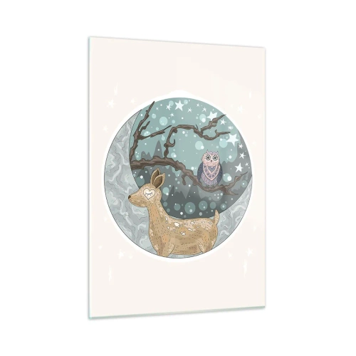 Glasbild - Bild auf glas - Illustration eines Hirsches und einer Eule in einer magischen Umgebung - 50x70cm - Eine märchenhafte Waldnacht - Moderne Wanddekoration für Wohnzimmer und Schlafzimmer ARTTOR