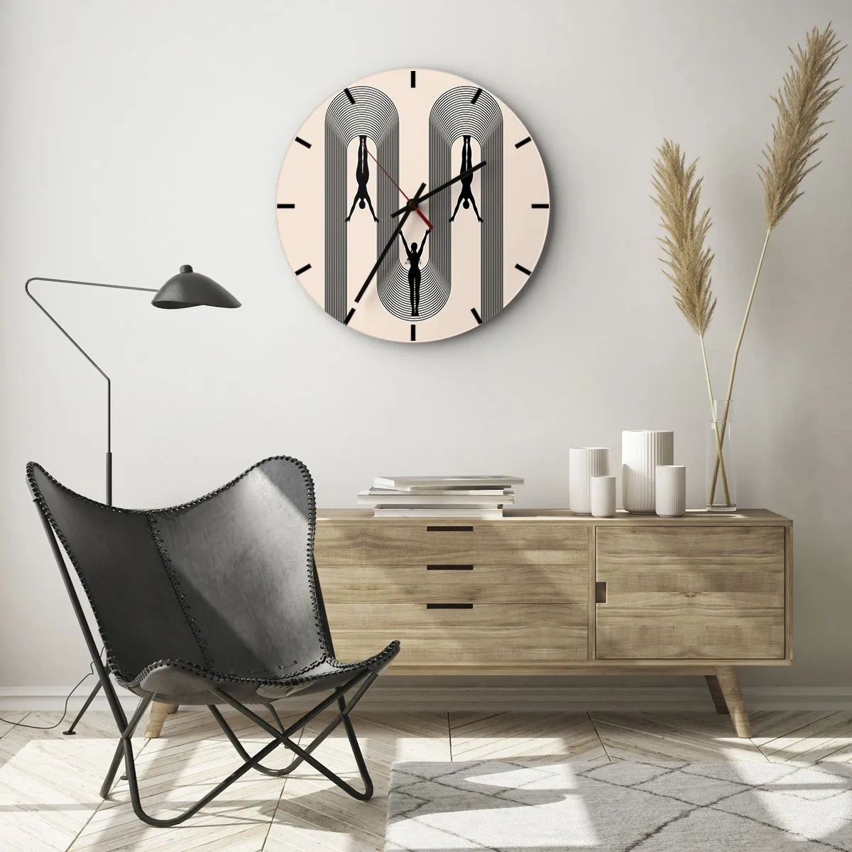 Wanduhr - Glasuhr - Schwarze Silhouetten von Figuren in Bewegung zwischen geometrischen Bögen - 30x30cm - Verkehrt herum - Moderne Wanddekoration für Wohnzimmer, Küche und Schlafzimmer ARTTOR
