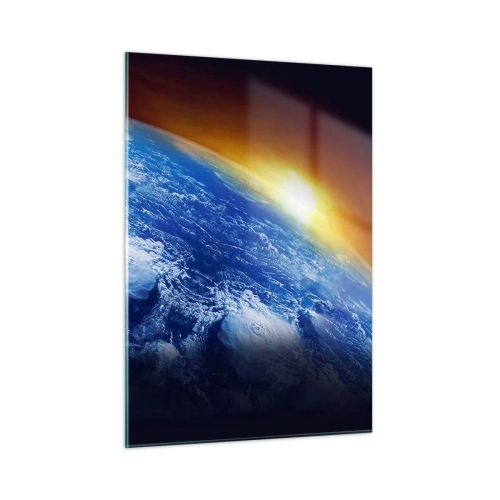 Glasbild - Bild auf glas - Erde im Weltraum, beleuchtet von den Sonnenstrahlen - 50x70cm - Sonnenaufgang über dem blauen Planeten - Moderne Wanddekoration für Wohnzimmer und Schlafzimmer ARTTOR
