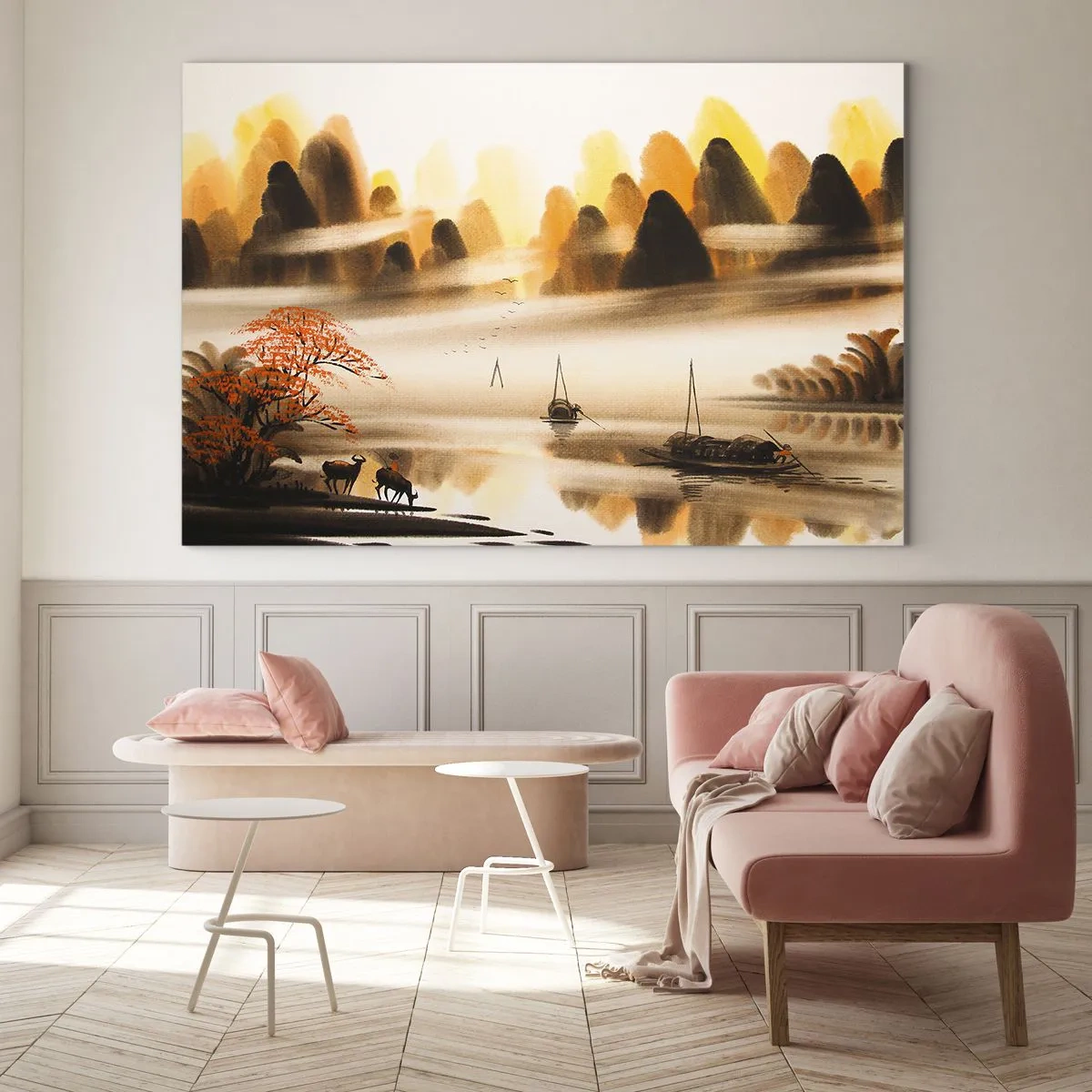 Glasbild - Bild auf glas - Orientalische Landschaft mit Booten und Bergen im Nebel - 120x80cm - Weiter als im Fernosten - Moderne Wanddekoration für Wohnzimmer und Schlafzimmer ARTTOR