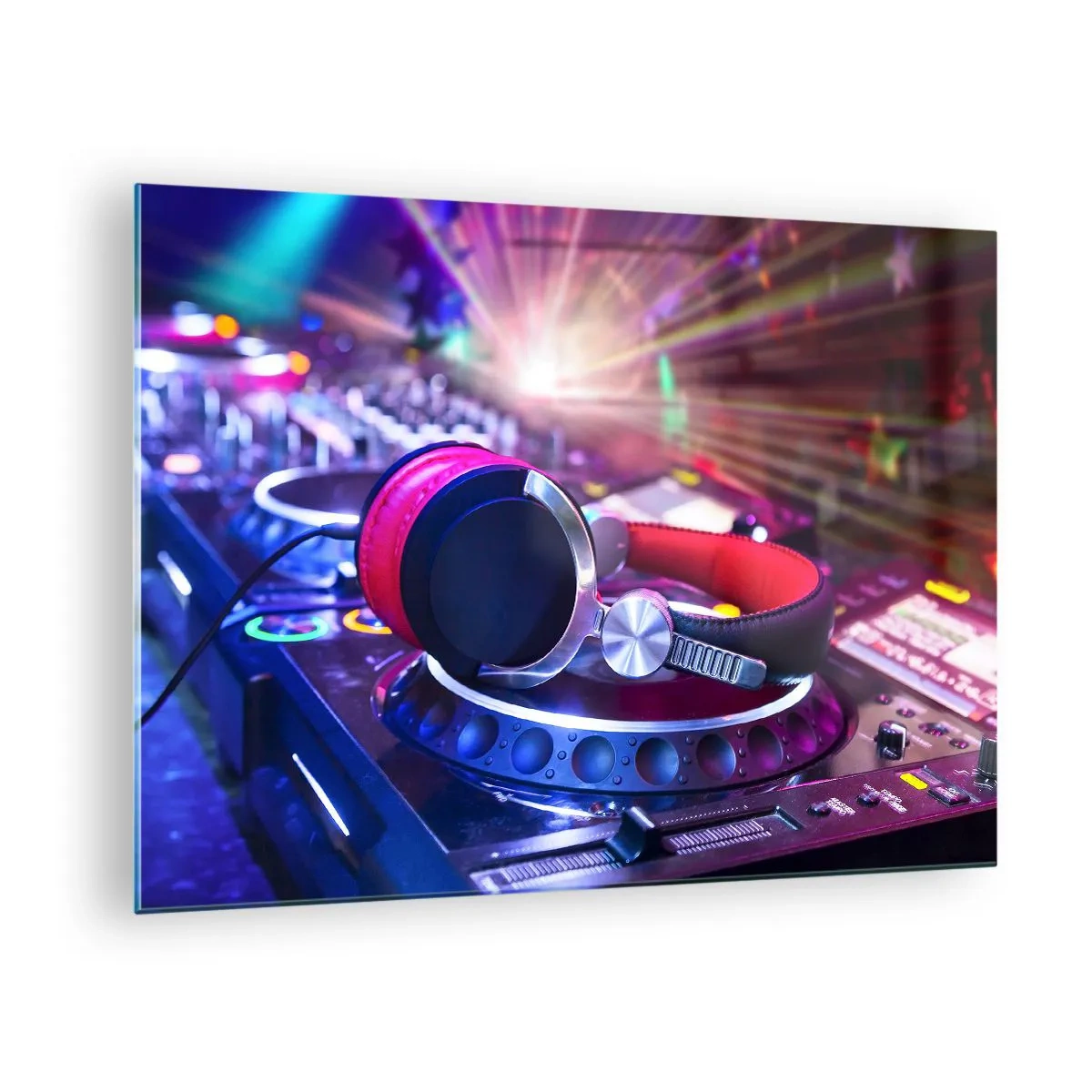 Glasbild - Bild auf glas - DJ-Equipment mit farbigen Lichtern und Kopfhörern - 70x50cm - Es wird, es wird passieren - Moderne Wanddekoration für Wohnzimmer und Schlafzimmer ARTTOR