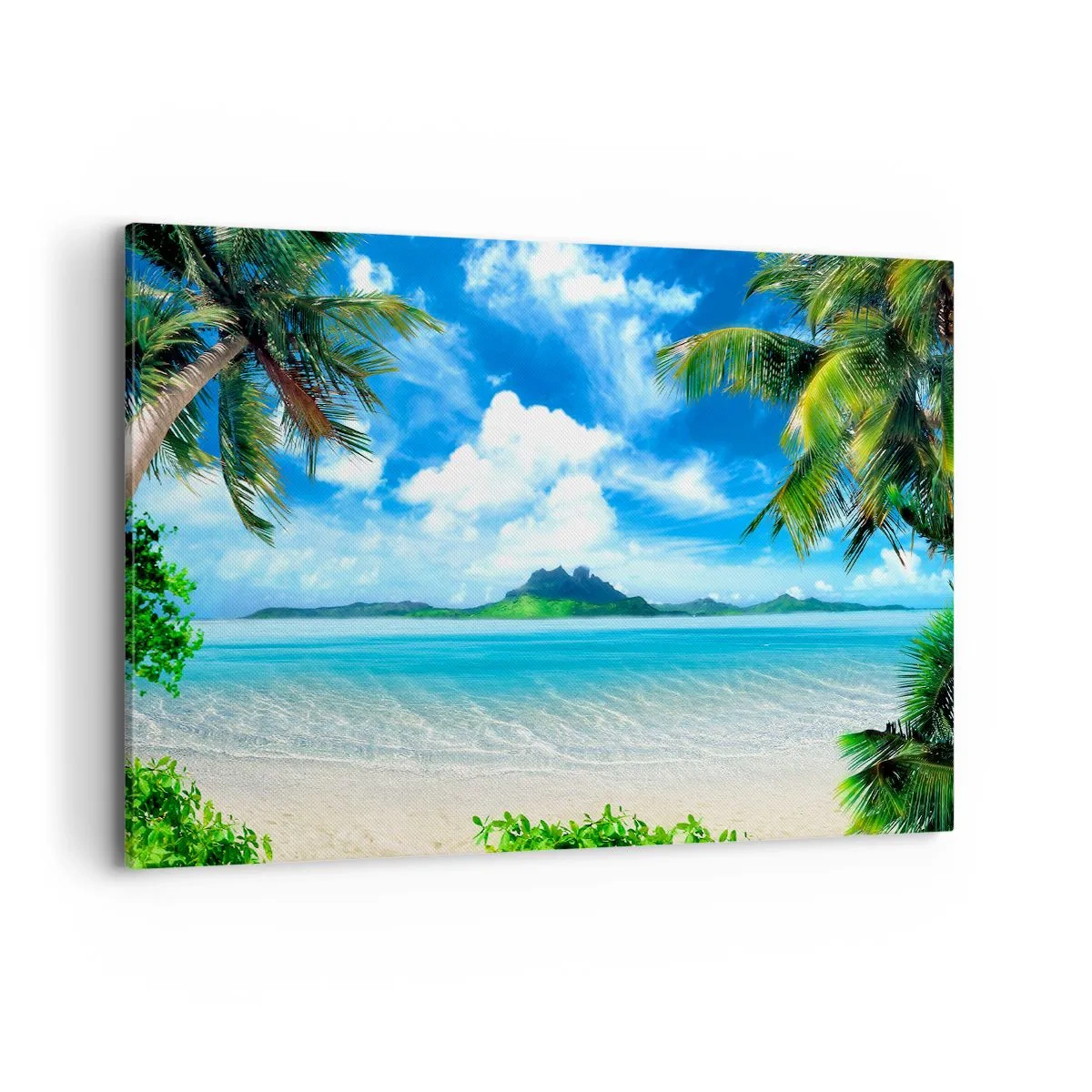 Bild auf Leinwand - Leinwandbild - Tropischer Strand mit Palmen und Blick auf die Insel - 120x80cm - Das Azurblau der Tropen - Moderne Wanddekoration für Wohnzimmer und Schlafzimmer ARTTOR