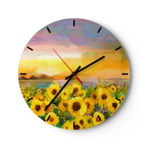 Wanduhr - Glasuhr - Ein Feld mit Sonnenblumen im Schein der untergehenden Sonne - 30x30cm - Die Sonne selbst ist auf die Erde herabgestiegen - Moderne Wanddekoration für Wohnzimmer, Küche und Schlafzimmer ARTTOR