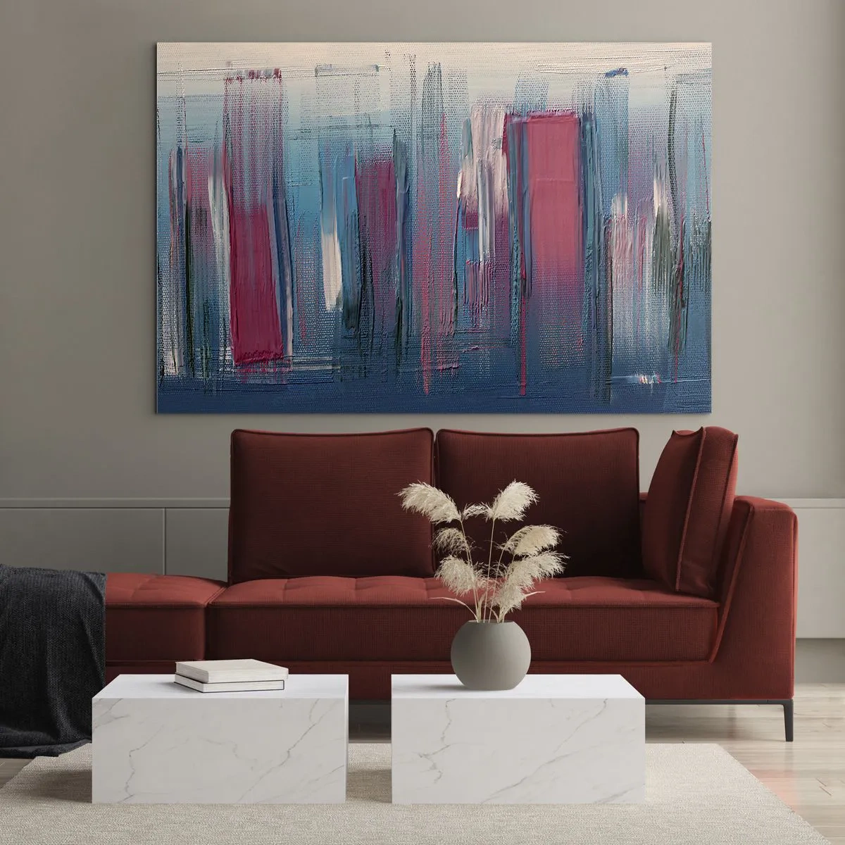 Glasbild - Bild auf glas - Vertikale Pinselstriche in Rot und Blau auf beigem Hintergrund - 100x70cm - Vertikale Komposition in Blau und Rot - Moderne Wanddekoration für Wohnzimmer und Schlafzimmer ARTTOR