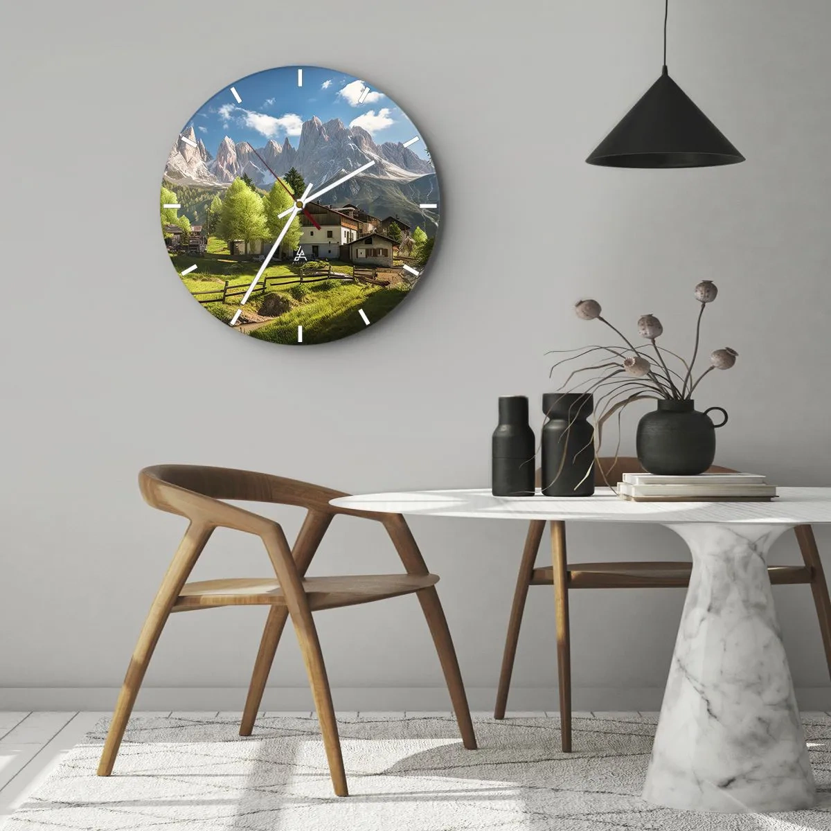 Wanduhr - Glasuhr - Eine ländliche Siedlung am Fuße der Berge an einem sonnigen Tag - 30x30cm - Alpenidylle - Moderne Wanddekoration für Wohnzimmer, Küche und Schlafzimmer ARTTOR