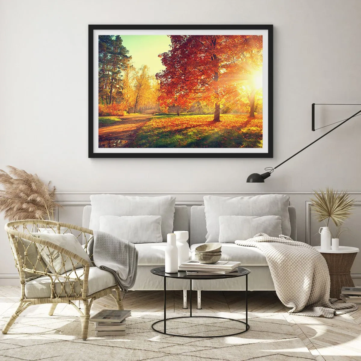 Poster in einem schwarzem Rahmen - Herbstpark im Sonnenlicht - 70x50cm - Unhöflich ist schön - Moderne Wanddekoration für Wohnzimmer und Schlafzimmer ARTTOR