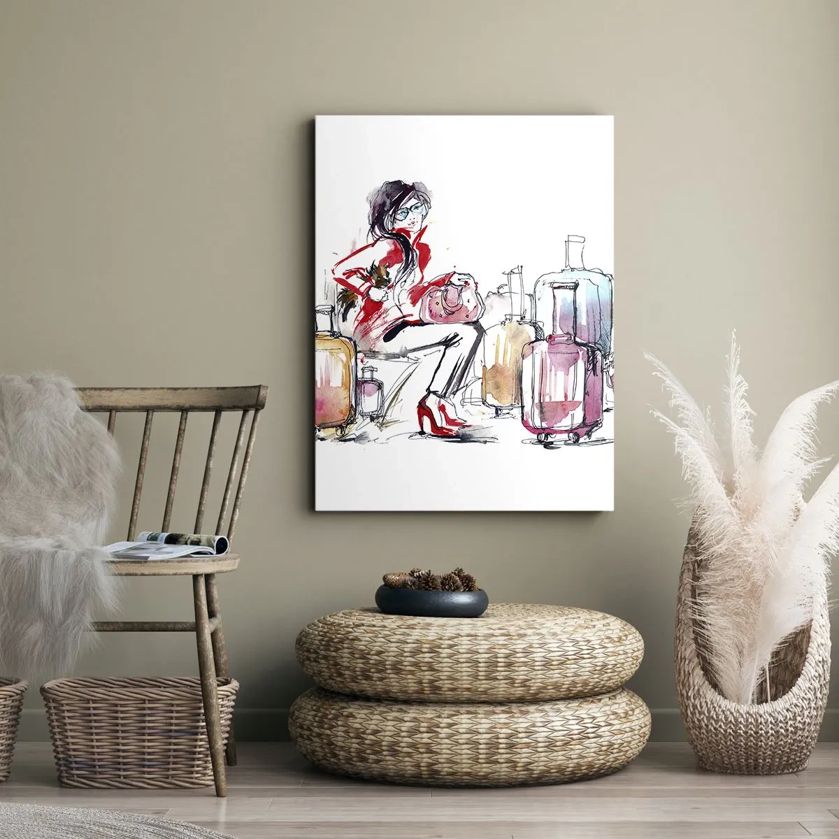 Bild auf Leinwand - Leinwandbild - Eine Frau mit Koffern in einer dynamischen Aquarellillustration - 70x100cm - Setzen wir uns vor der Reise hin - Moderne Wanddekoration für Wohnzimmer und Schlafzimmer ARTTOR