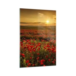Glasbild - Bild auf glas - Ein Feld mit roten Mohnblumen im Schein der untergehenden Sonne - 70x100cm - Unter den Wellen raschelnder Wiesen, unter den Blumen der Flut - Moderne Wanddekoration für Wohnzimmer und Schlafzimmer ARTTOR