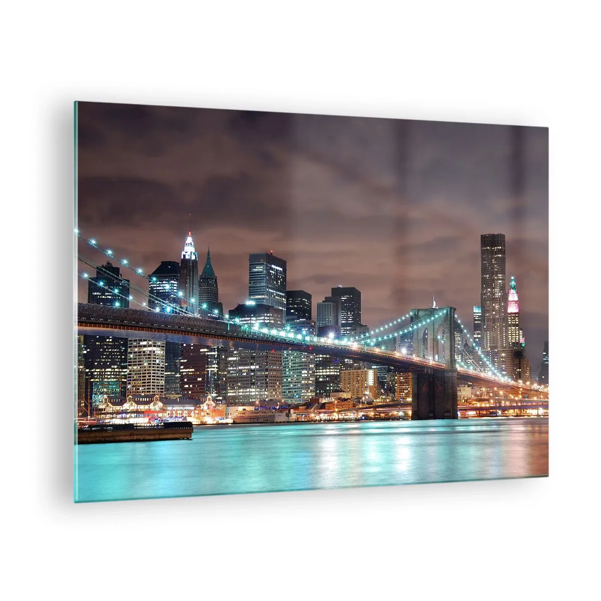 Glasbild - Bild auf glas - Nachtpanorama der Stadt mit der beleuchteten Brücke - 70x50cm - Lichter der Großstadt - Moderne Wanddekoration für Wohnzimmer und Schlafzimmer ARTTOR