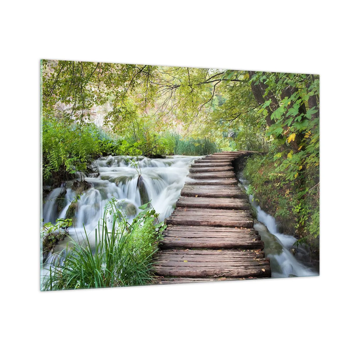 Glasbild - Bild auf glas - Eine Brücke im Wald über einen Bach - 100x70cm - Das Wasser ist überhaupt nicht ruhig - Moderne Wanddekoration für Wohnzimmer und Schlafzimmer ARTTOR