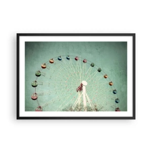 Poster in einem schwarzem Rahmen - Ein buntes Riesenrad vor blauem Himmel im Retro-Stil - 70x50cm - Wir laden zum Spiel ein - Moderne Wanddekoration für Wohnzimmer und Schlafzimmer ARTTOR