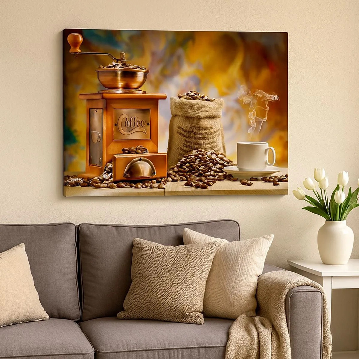 Bild auf Leinwand - Leinwandbild - Kaffeemühle mit Bohnen und einer Tasse auf dem Hintergrund - 70x50cm - Das Knirschen der Körner, das Rasseln einer Mühle - Moderne Wanddekoration für Wohnzimmer und Schlafzimmer ARTTOR