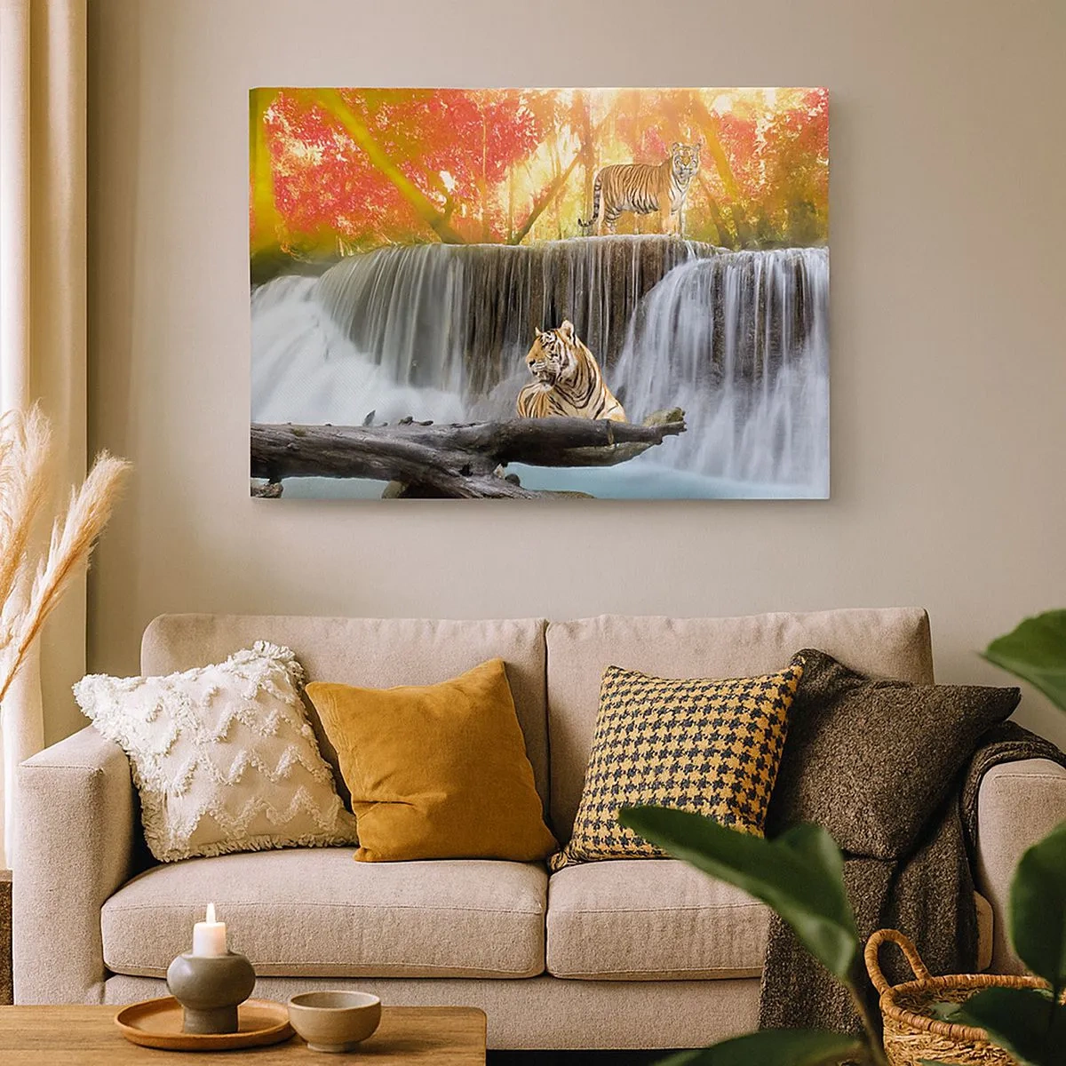 Bild auf Leinwand - Leinwandbild - Tiger an einem Wasserfall im Herbstwald - 70x50cm - Surreale Landschaft - Moderne Wanddekoration für Wohnzimmer und Schlafzimmer ARTTOR